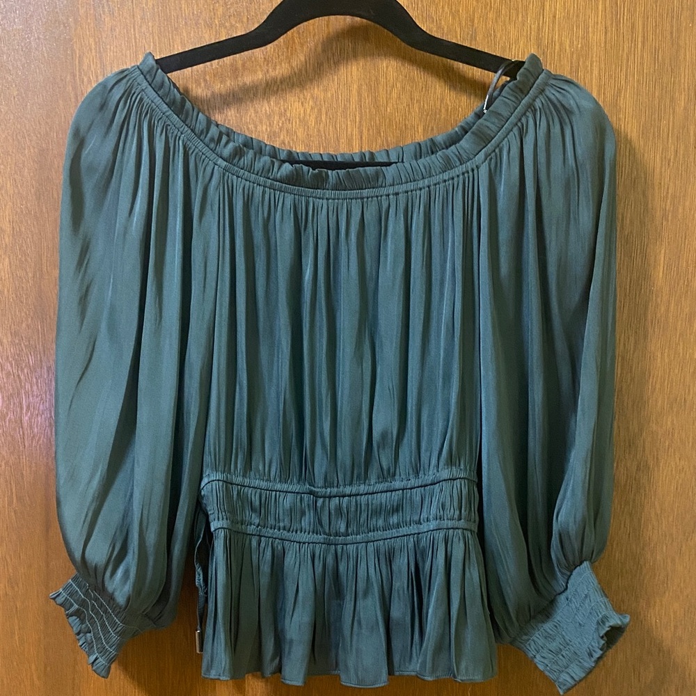 MINKPINK emerald Green Peasant Blouse with Smocked Waist